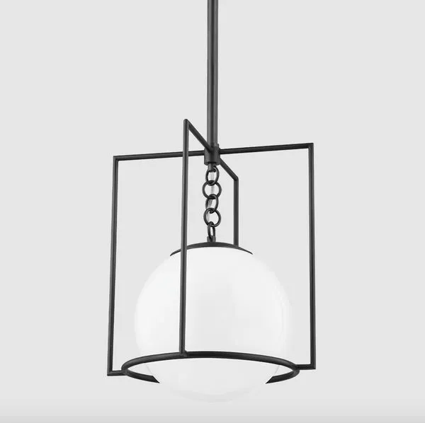 Frankie pendant in matte black finish showing same design with white glass globe