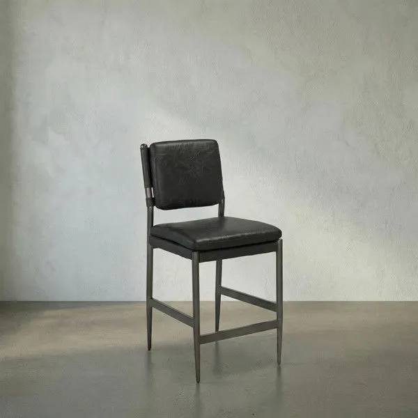 Ebony black leather stool with padded seat and backrest, Steel Gray powder-coated steel frame with footrest