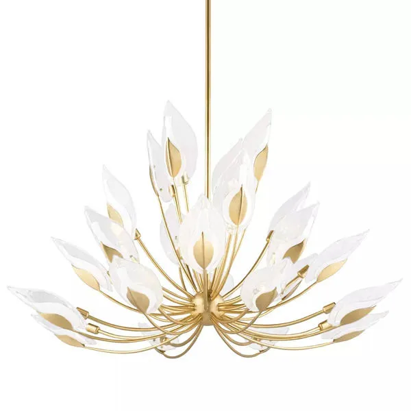 Blossom 28 Light Chandelier with gold metal arms and clear petal-shaped glass shades radiating outward