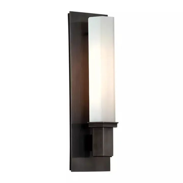 Walton 1 Light Bath Bracket with hexagonal white diffuser and dark hand-rubbed metal pedestal on rectangular backplate