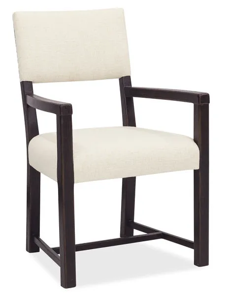 Driftwood Upholstered Arm Chair with burnt timber finish, beige fabric seat and back, and dark rustic wood frame