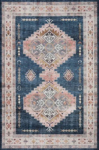 Heidi Denim / Blush Rug with vintage-style old-world medallions on denim blue background and blush accents