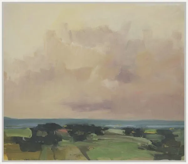 Serene landscape painting with muted beige and green tones, expansive sky filled with soft billowing clouds