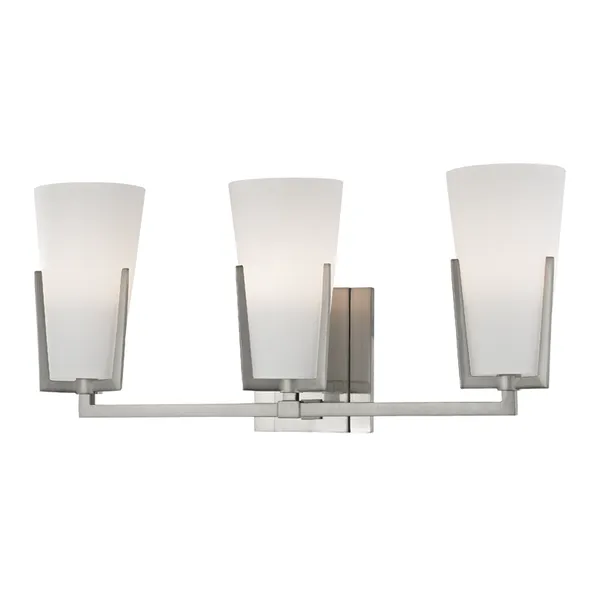Upton 3 Light Bath Bracket with three frosted glass shades and brushed nickel finish on horizontal bar