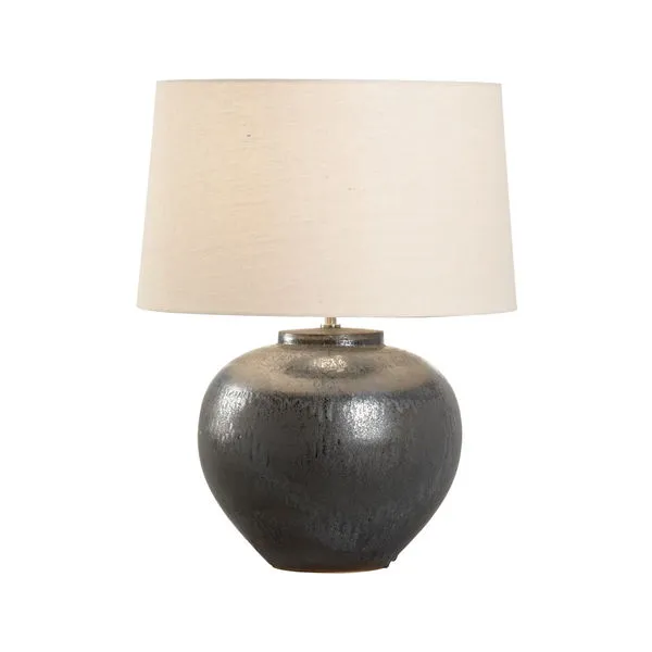 Kuro Table Lamp with hand-turned mineral glaze iron oxide base and rolled-edge linen empire shade