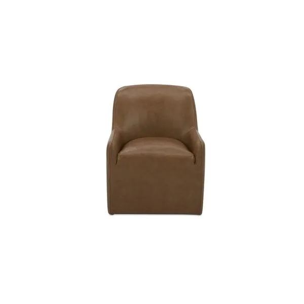 Maisie Rolling Dining Chair in brown top-grain leather with padded seat and curved back