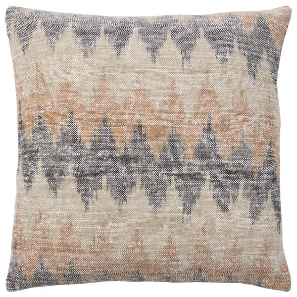 Square throw pillow with a woven cotton cover featuring a chevron pattern in cream, gray, and orange hues