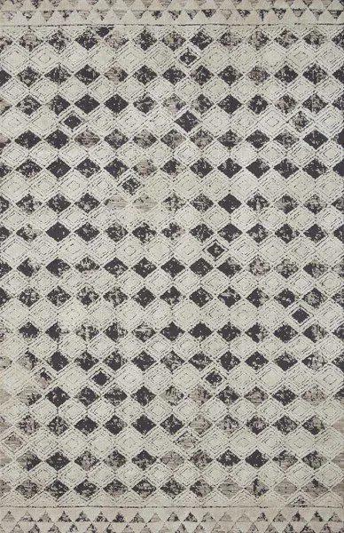 Yeshaia Black Neutral Rug with geometric diamond pattern in muted black and cream tones