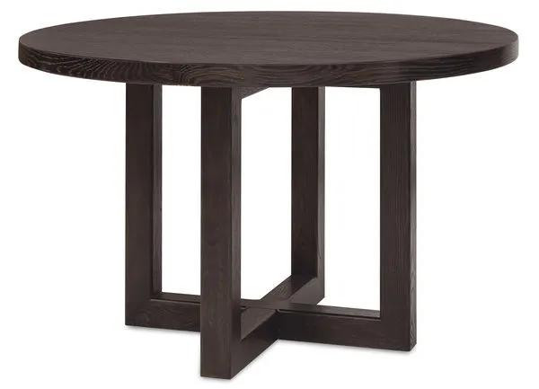 48-inch round dining table in dark burnt timber finish with open pedestal base and cross legs