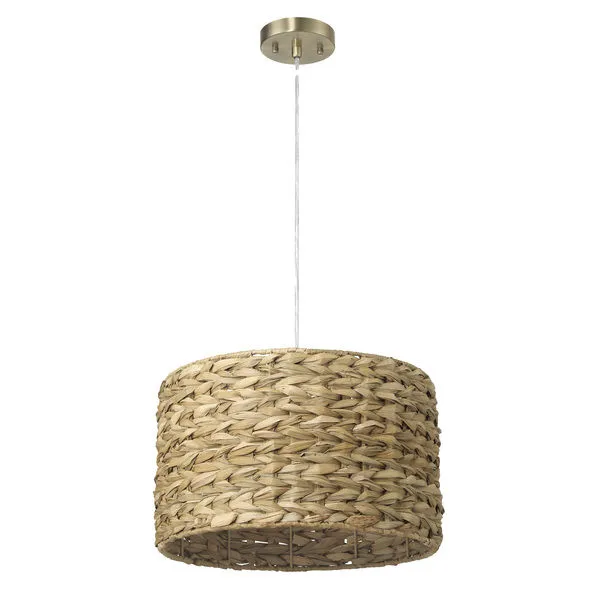 Sienna woven pendant light with natural textured hand-braided round shade and brass canopy