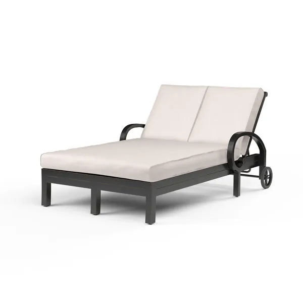 Monterey Double Chaise with Espresso aluminum frame, curled arm, cross back detail, and light beige cushions for two