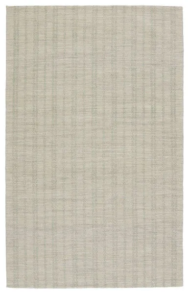 Rectangular handmade area rug in light gray and light green with ticking stripe pattern and low wool pile