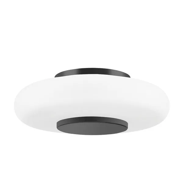 Black Nickel flush mount ceiling light with a circular clear etched glass shade and aged brass metal accents
